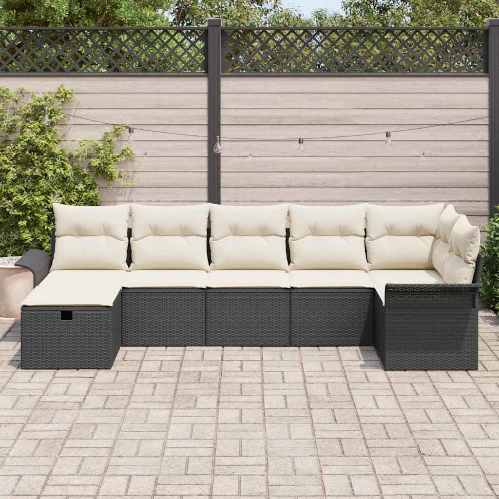 Garten-Sofa-Set mit Kissen 7 pcs Schwarz Poly Rattan